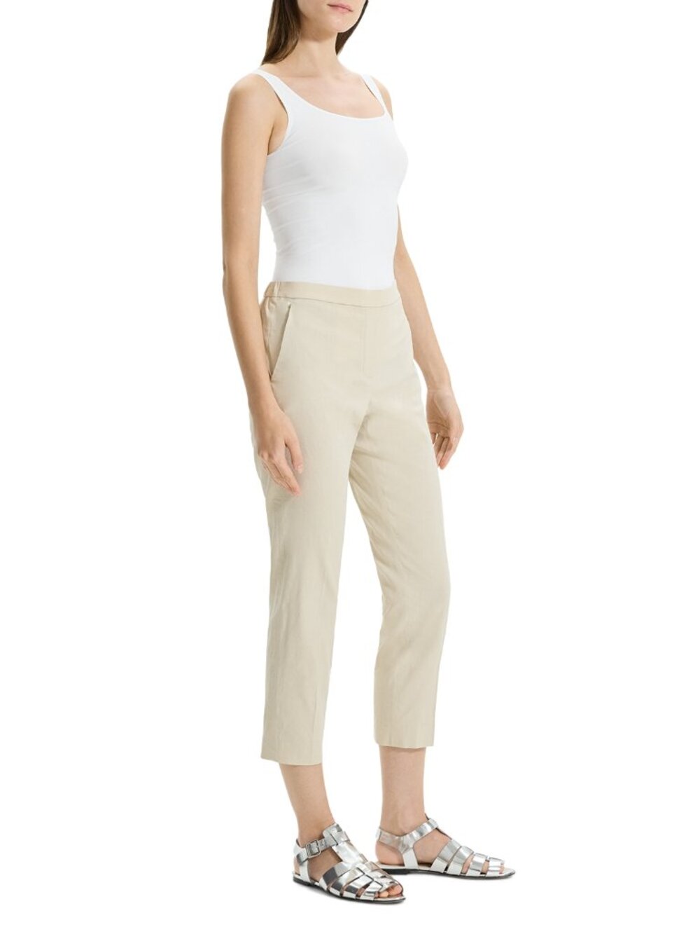 THEORY treeca linen blend pull on cropped pants in straw (sz8)